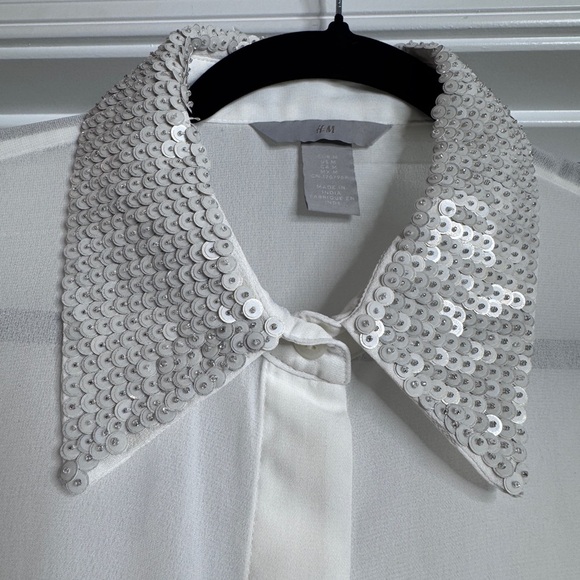 H&M Sequin-collared sheer button down blouse shirt - Picture 3 of 7